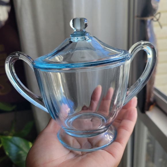Rare Vintage Fosforia Blue Depression Glass Sugar Bowl with Lid "AS IS" - Picture 1 of 11
